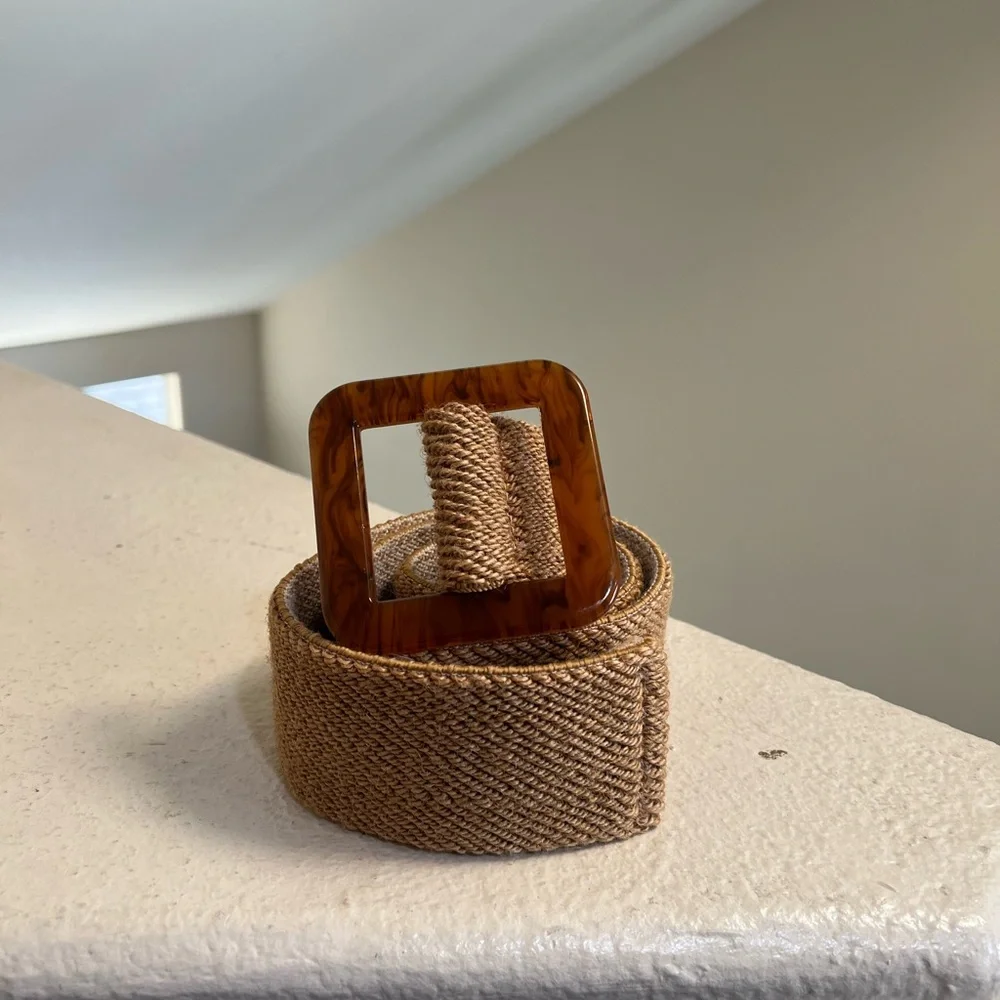 Women square RESIN BUCKLE STRAW stretch wide waist brown belt medium‎ boho l